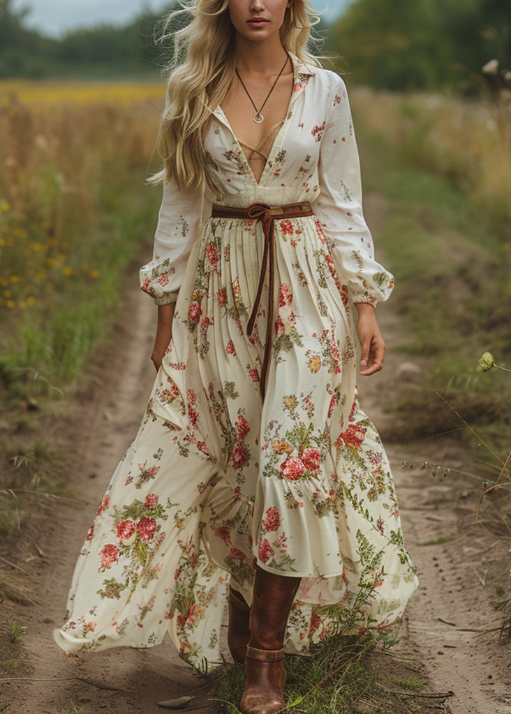 V Neck Print Long Sleeve Pastoral Dress