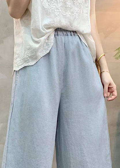Light Blue Linen Wide Leg Pants Ruffled Summer