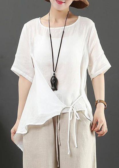 Italian O Neck Asymmetric Cotton Linen Clothes Pink Silhouette Blouses
