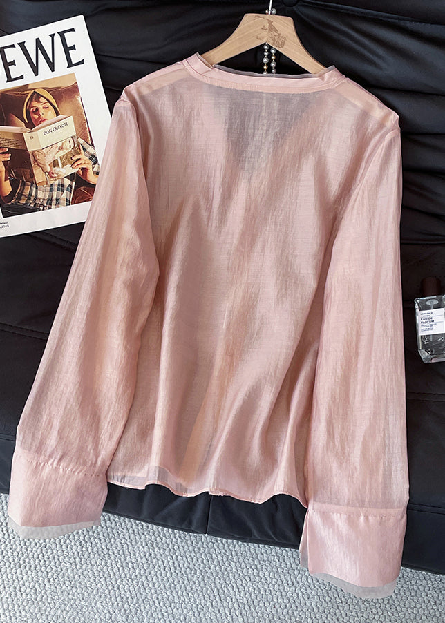 Brick Red V Neck Decorated Cotton Shirts Fall