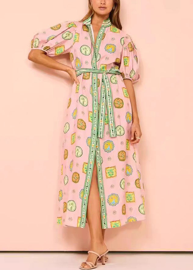 Pink Print Tie Waist Cotton Blouses Dresses Half Sleeve