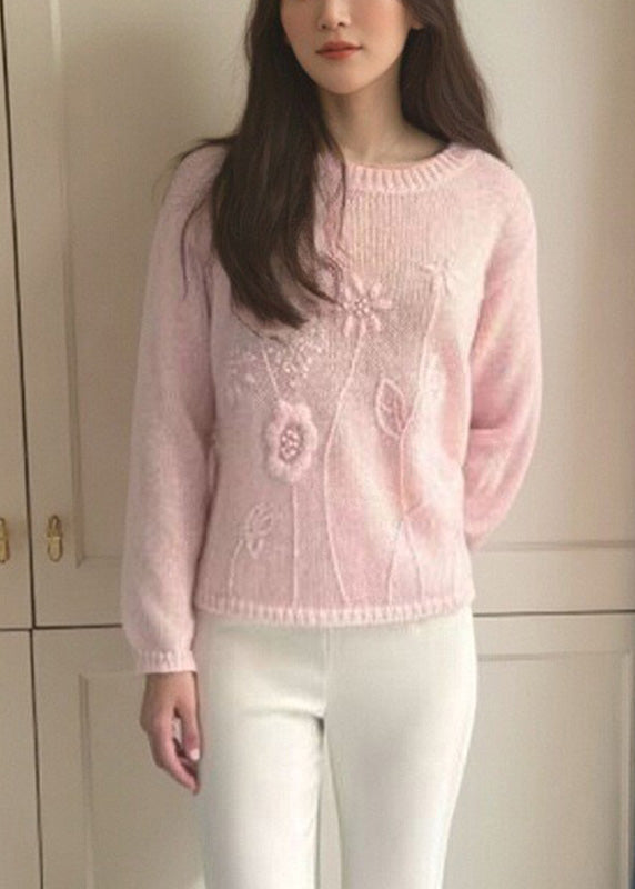 Loose Pink O-neck Cotton Knit Sweater Fall