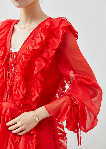 Red Ruffles Chiffon Mini Dresses Fall