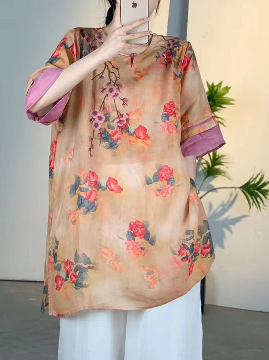 Summer Flower Colorblock Ramie Shirt