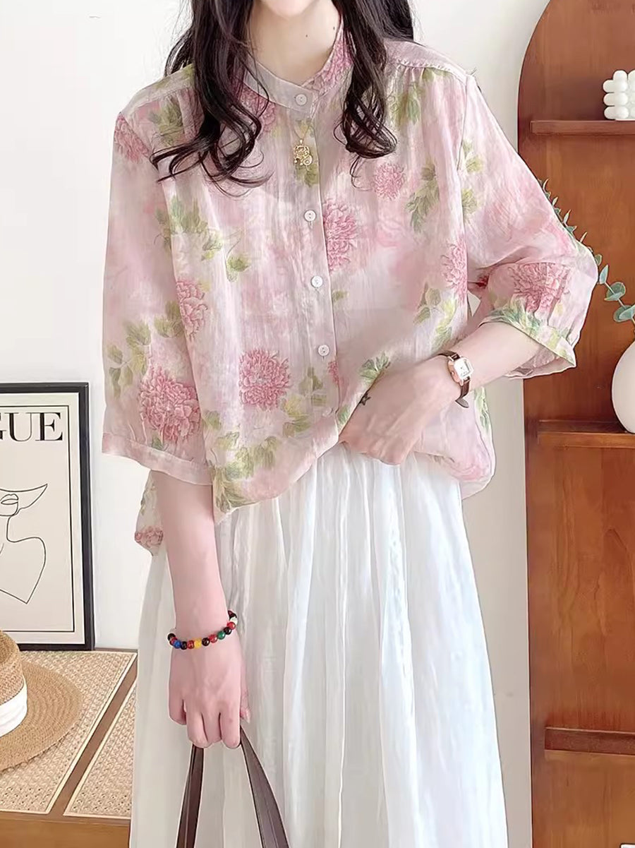 Summer Flower Ramie Button-up Shirt