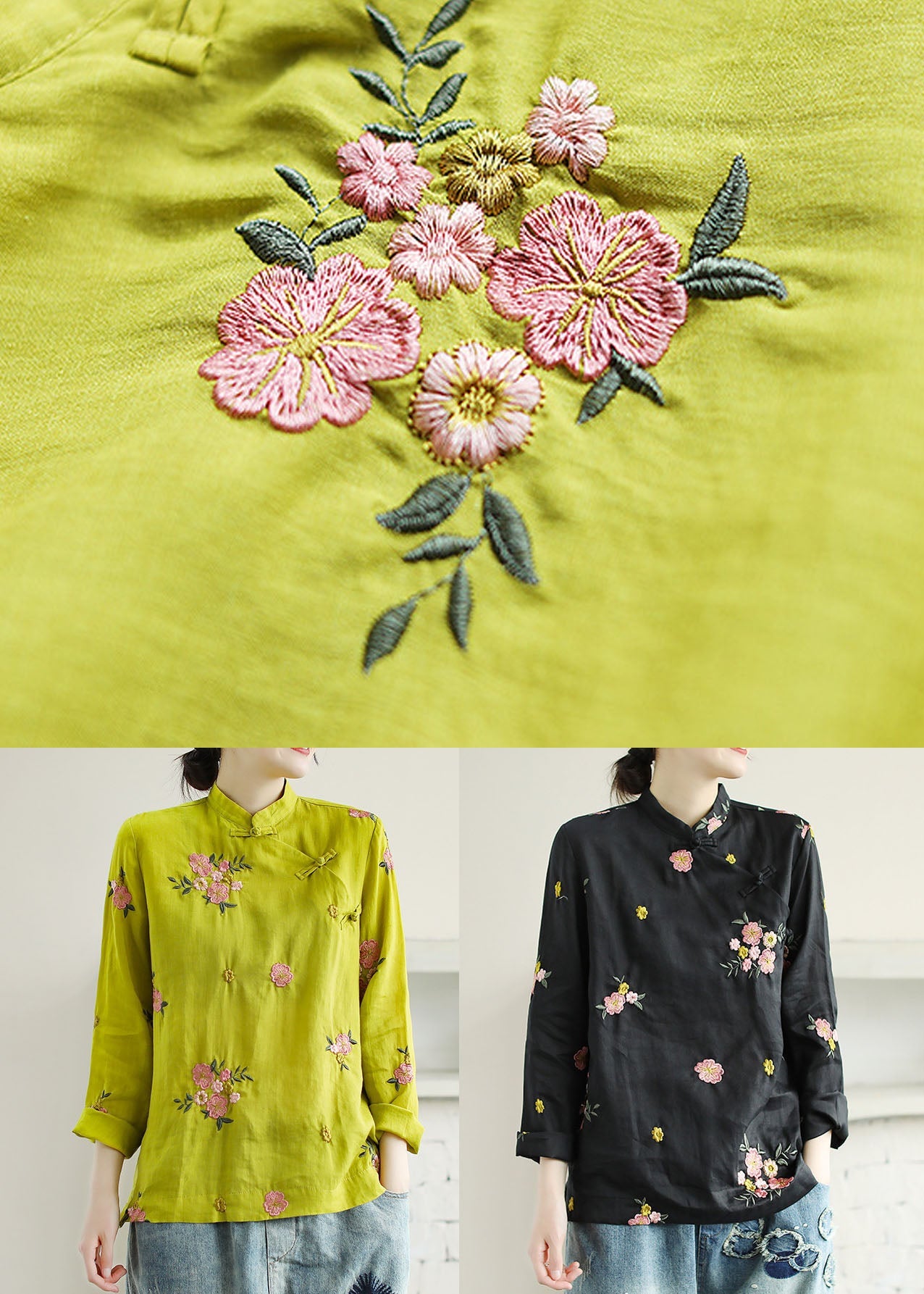 Black Patchwork Linen Shirt Top Embroidered Chinese Button Spring