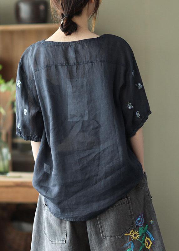 Simple White Embroidered O-neck Summer Ramie Tops Half Sleeve