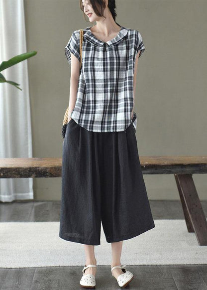 Black White Plaid Peter Pan Collar Cotton Shirts Summer