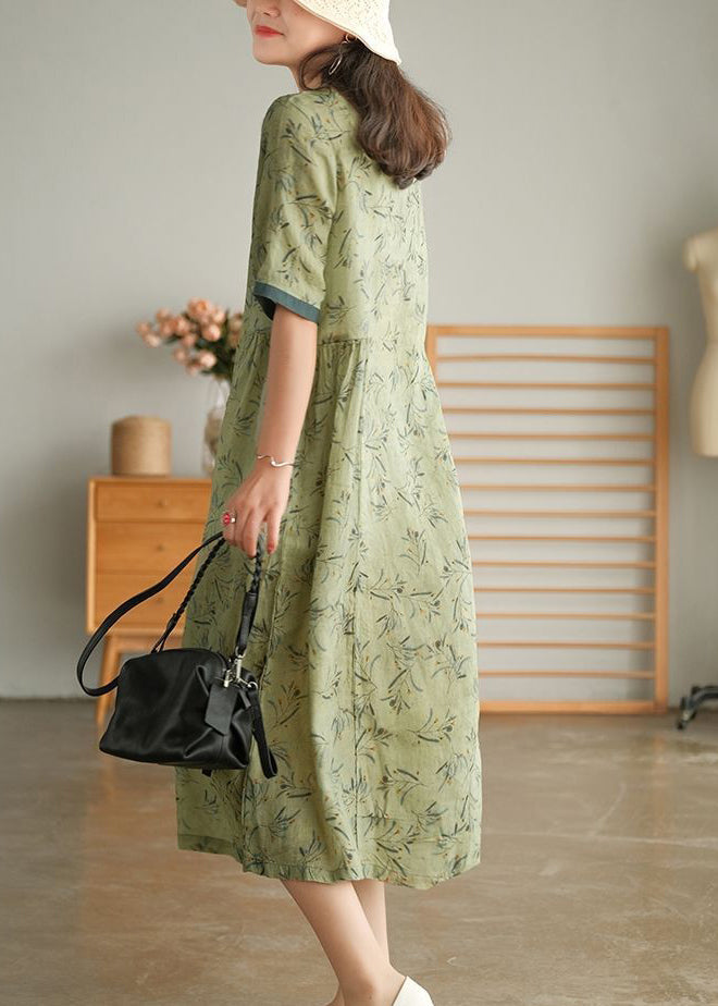 Green Wrinkled V Neck Patchwork Cotton Long Dress Short Sleeve