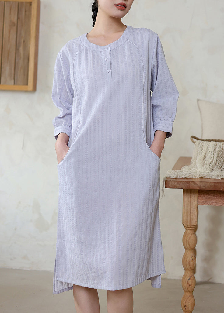 Original Loose Light Purple O Neck Cotton Dress Spring