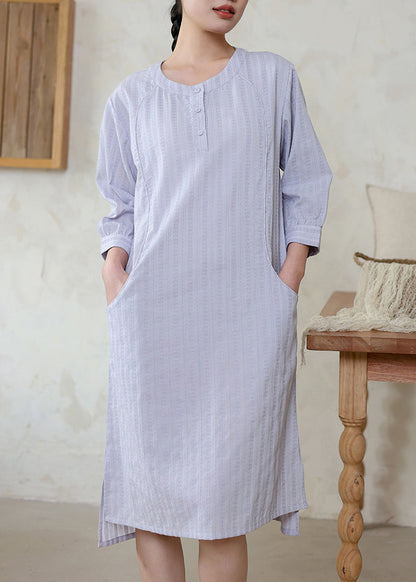 Original Loose Light Purple O Neck Cotton Dress Spring