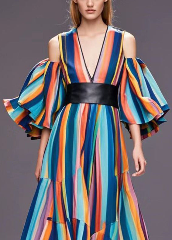 Rainbow Cold Shoulder Striped Cotton Cinched Dresses Fall