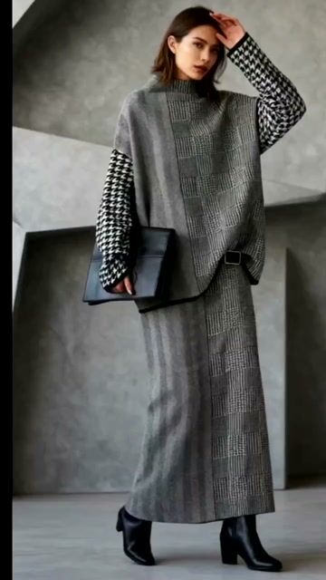 Loose Grey Plaid Knit Sweaters and Skirts Two Piece Set Outfits Fall