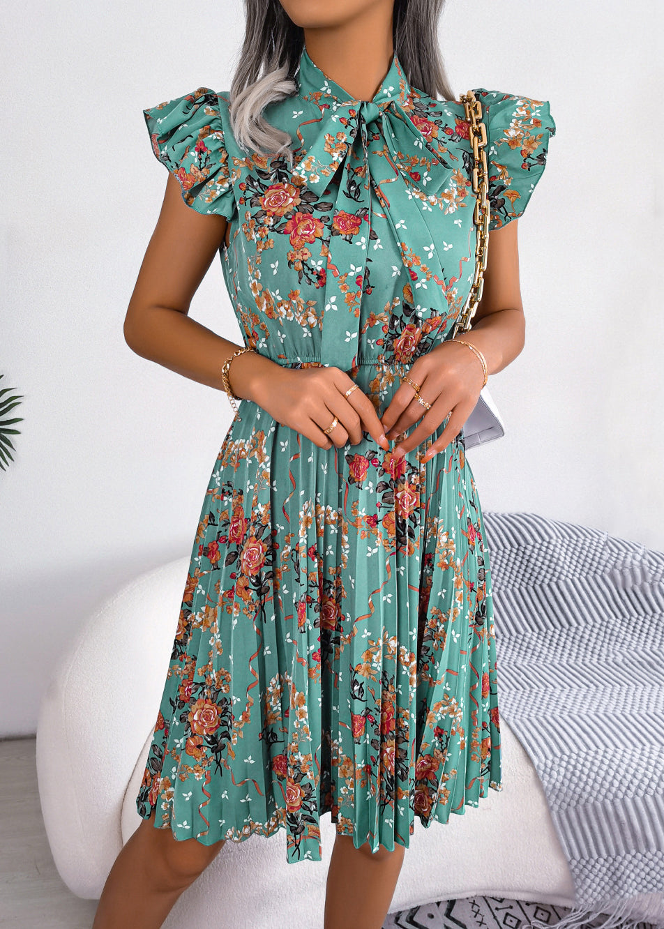 Green Print Lace Up Cotton Mid Dress Summer