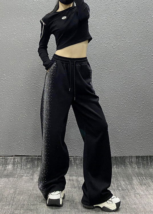 Black Pockets Zircon Elastic Waist Cotton Pants Fall