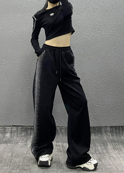 Black Pockets Zircon Elastic Waist Cotton Pants Fall