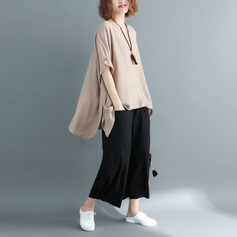 New Khaki Midi-length Cotton Linen T Shirt Loose Fitting Cardigans Short Sleeve O Neck Linen Blouses