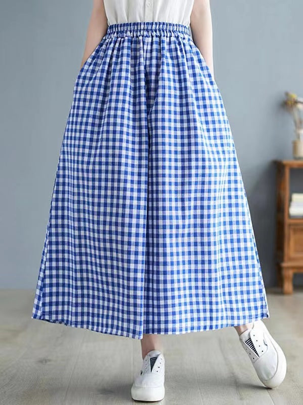 Retro Cotton Linen Plaid Wide Leg Pants