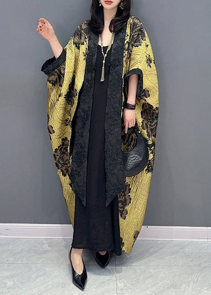 Chinese Style Yellow Patchwork Cotton Cardigan Batwing Sleeve