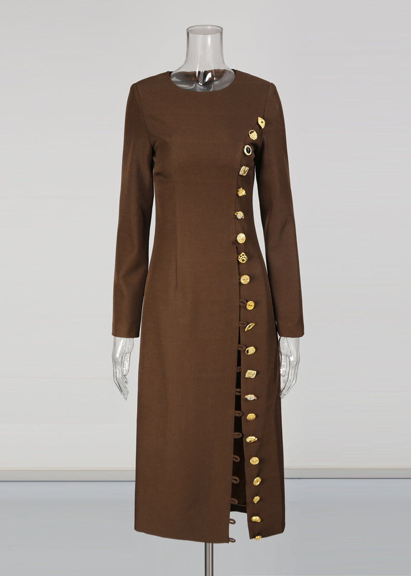 Slim Fit Coffee O-neck Patchwork Button Trench Coats Fall