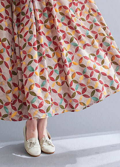 Khaki Cotton Original Dresses O-neck Wrinkled Short Sleeve