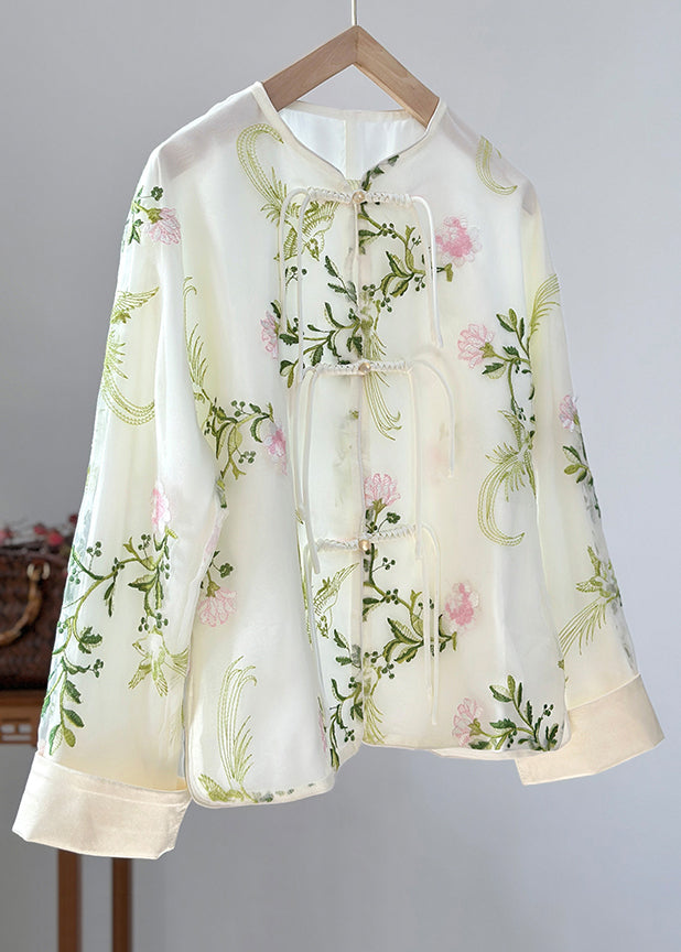 Green Embroidered Button Organza Shirts Fall
