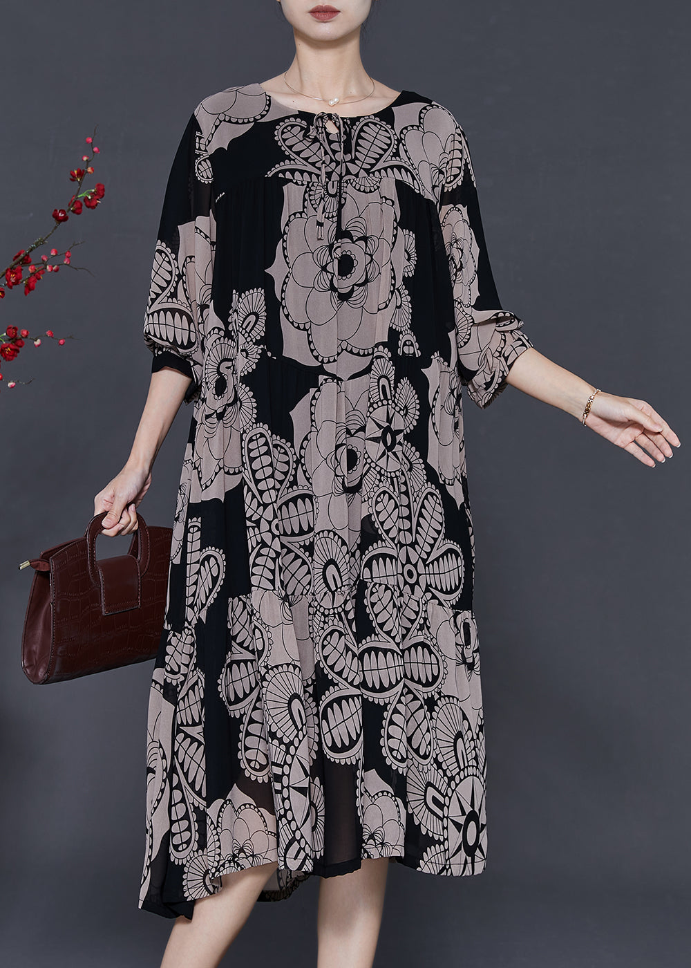 Khaki Oversized Print Chiffon Dresses Fall