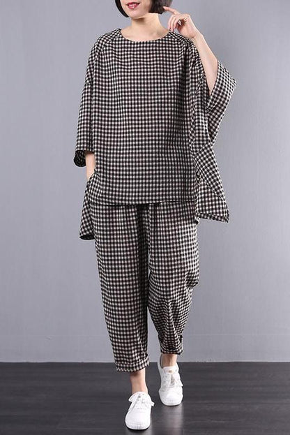 Limited Stock- Cotton Linen Plaid Retro Blouse and Pants