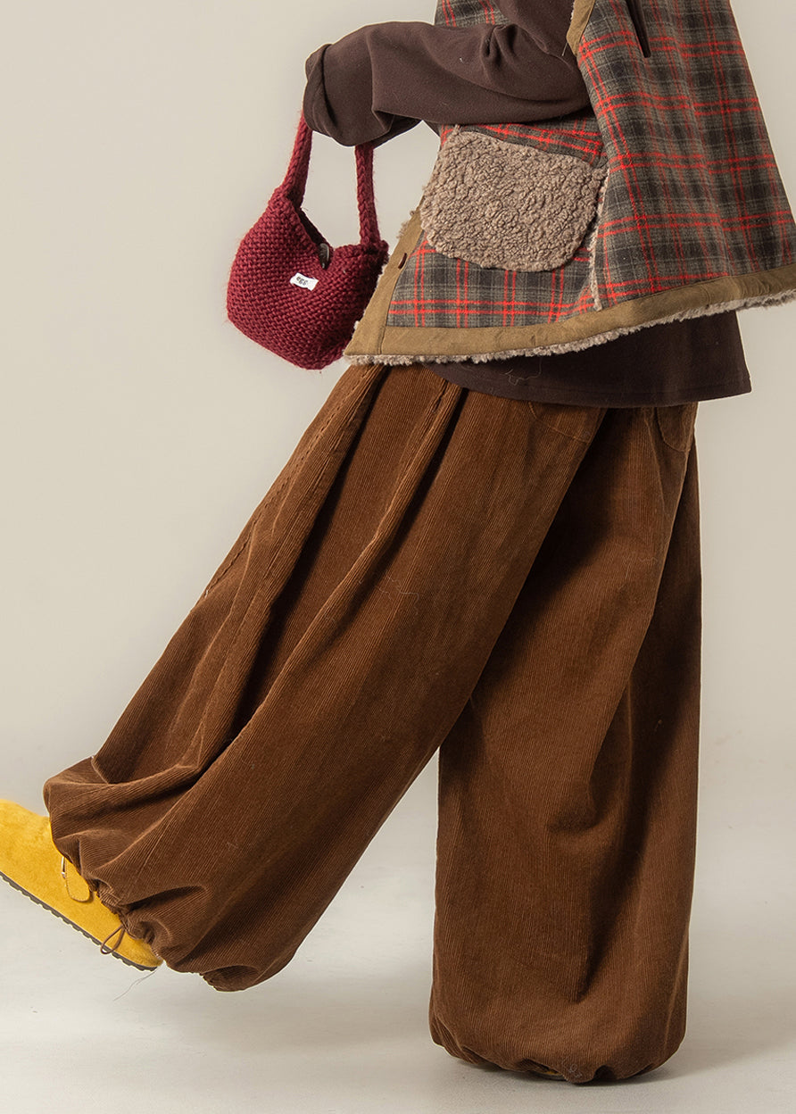 Brown Oversized Drawstring Corduroy Wide Leg Pants Spring