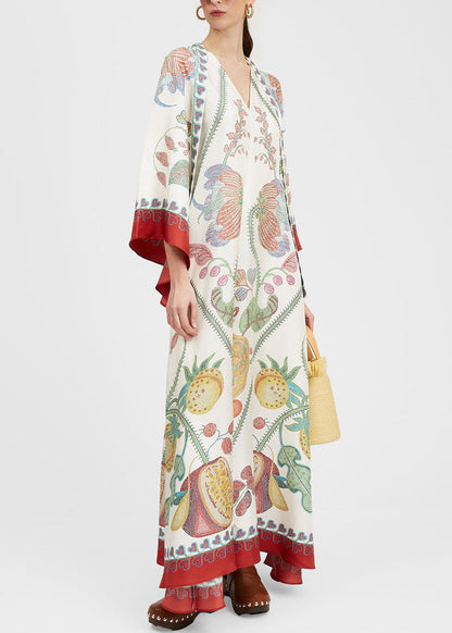 White Print Wear on Both Sides Silk Maxi Dresses Bracelet Sleeve