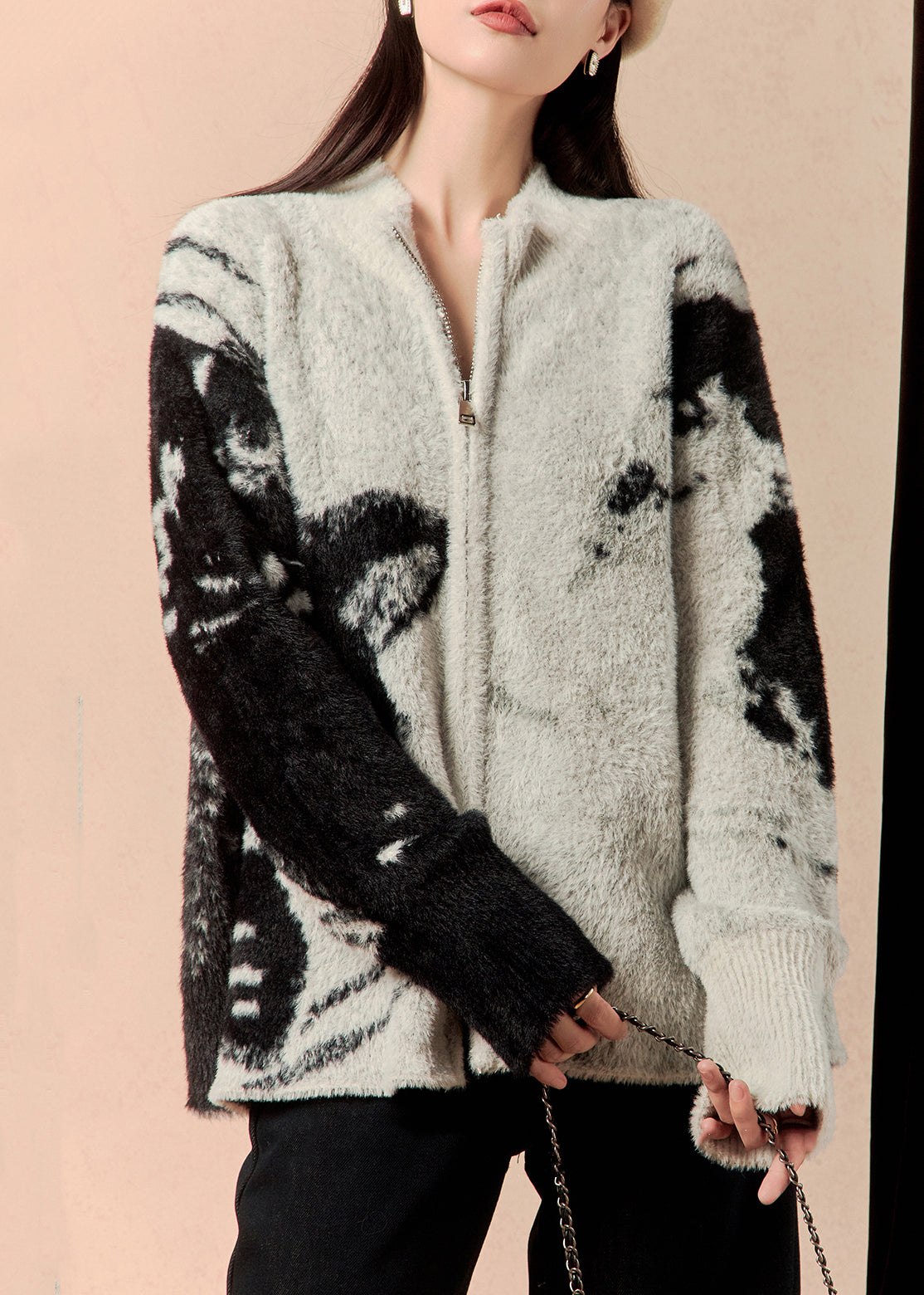 Art Grey Zip Up Patchwork Cotton Knit Coat Winter