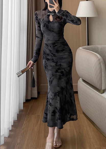 Purple Stand Collar Print Hollow Out Maxi Dress Fall
