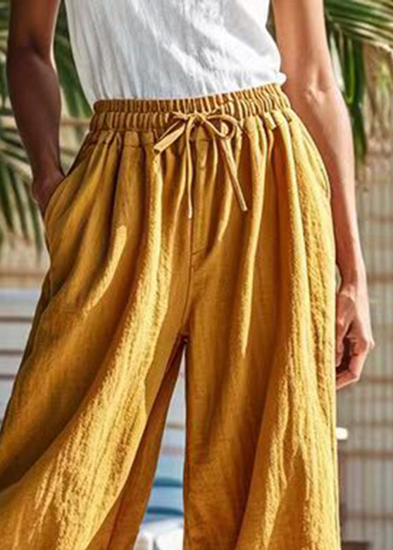 Earth Yellow Pockets Patchwork Elastic Waist Crop Pants Summer