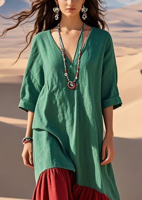 Green Oversized Patchwork Cotton Long Dress Summer