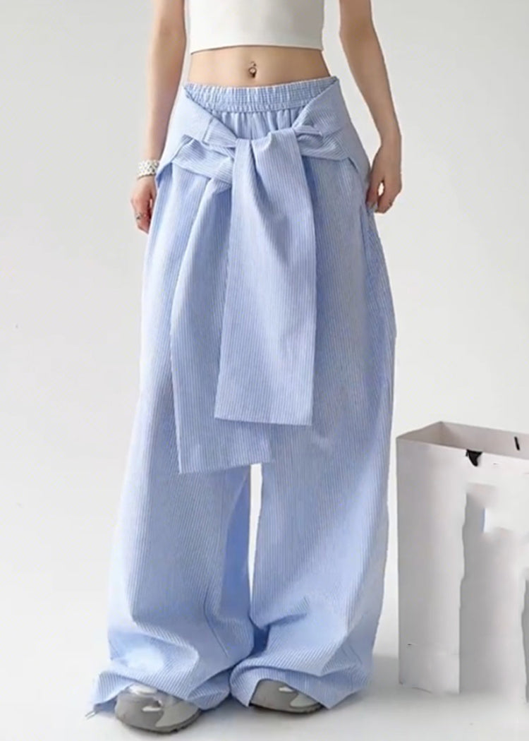 Blue Tie Waist Detachable Striped Straight Pants Spring