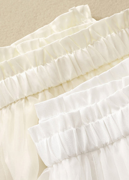 Apricot Elastic Waist Wrinkled Patchwork Tulle Skirts Summer
