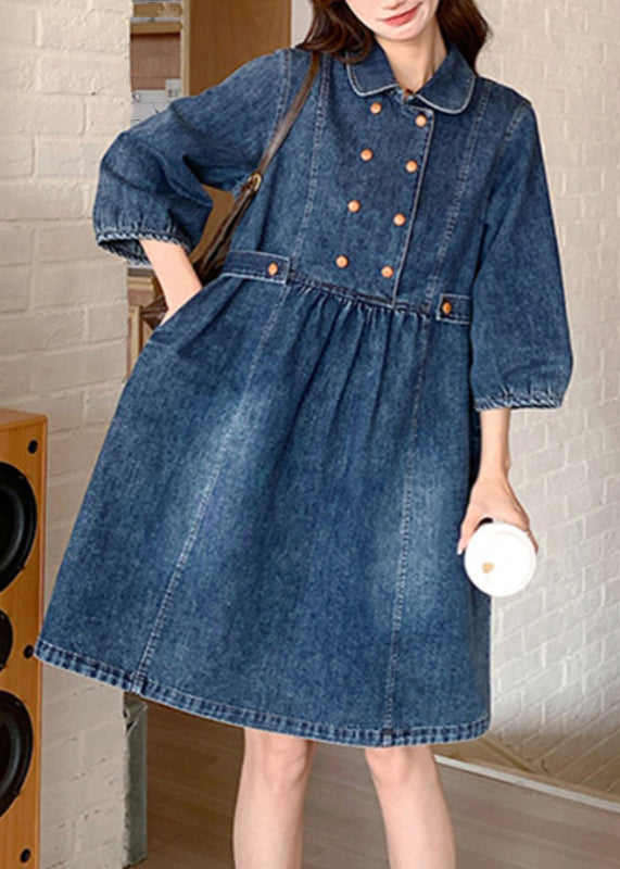 Navy Peter Pan Collar Wrinkled Patchwork Denim Long a Line Dress Spring