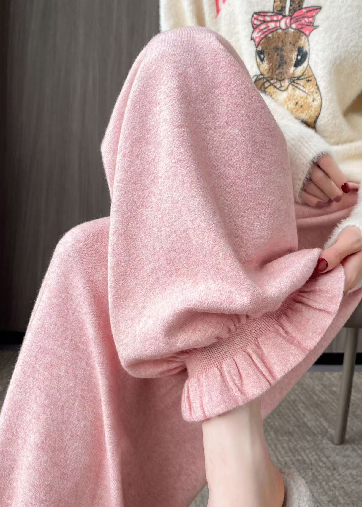 Pink Oversized Pockets Knit Pants Fall