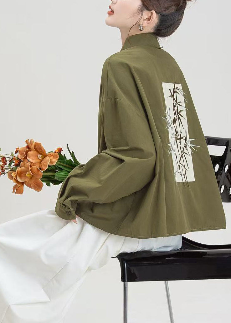 Army Green Embroidered Oversized Cotton Shirts Spring