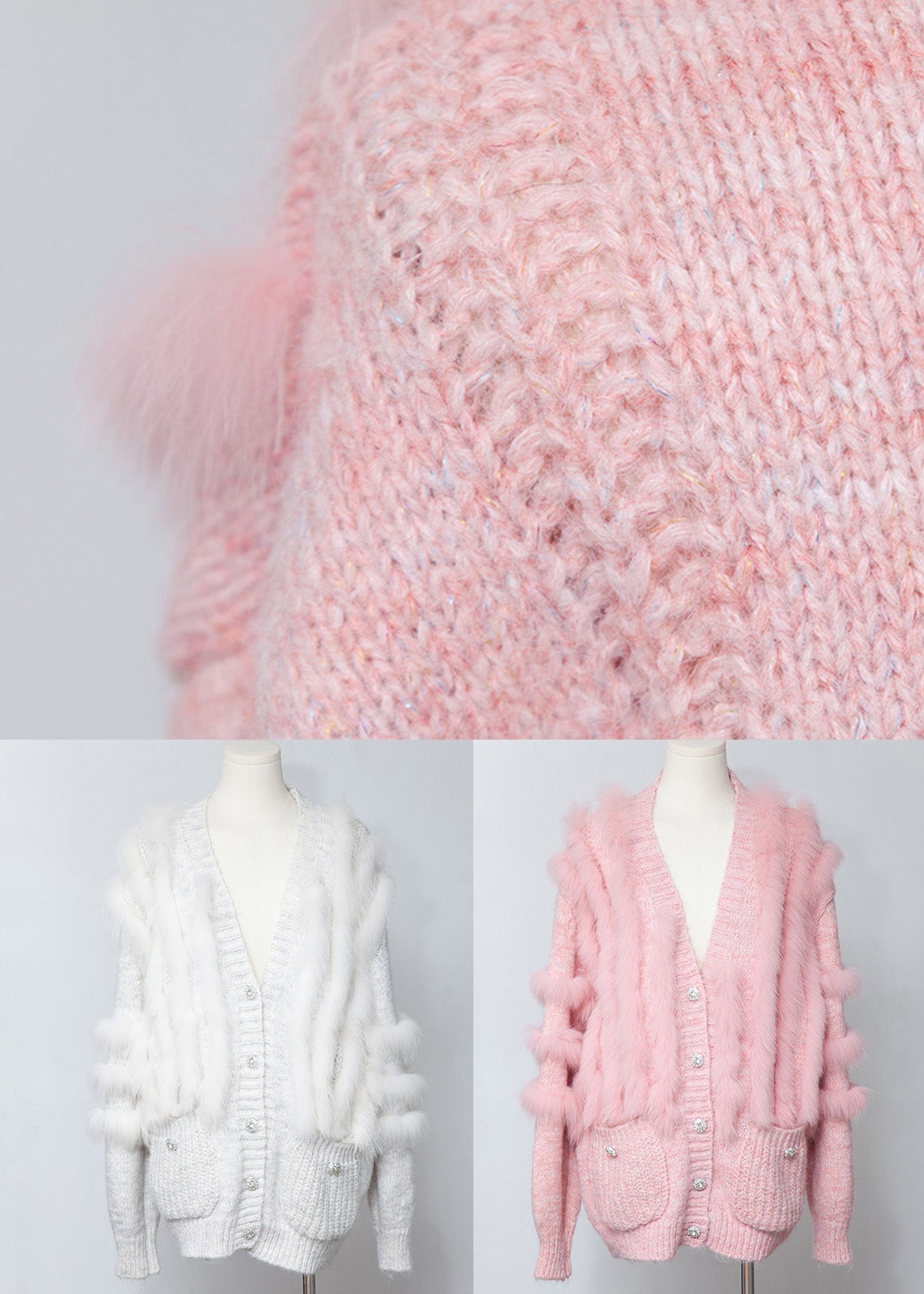 Pink V Neck Fox Fur Patchwork Woolen Cardigans Winter