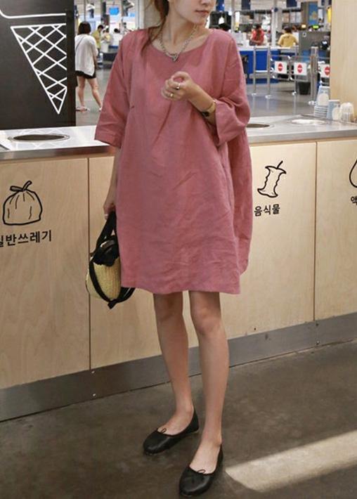 Style Pink Cotton Linen Outfit O Neck Cinched a Line Summer Dresses
