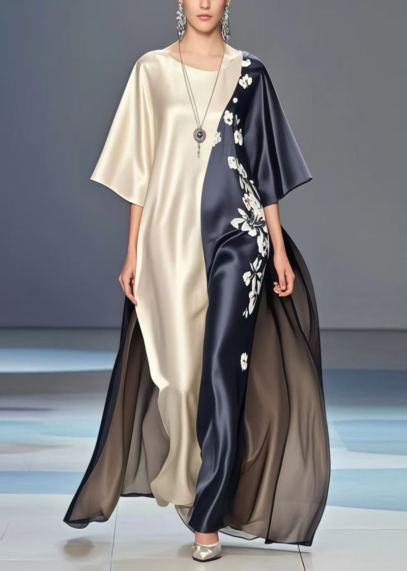 Colorblock Print Exra Large Hem Silk Long Dresses Summer