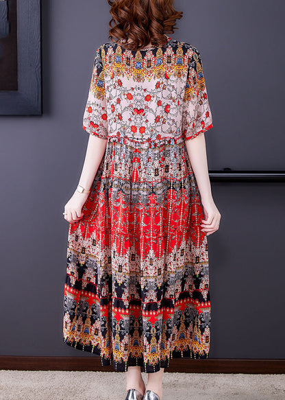 Red V Neck Print Draping Chiffon Long Dresses Short Sleeve