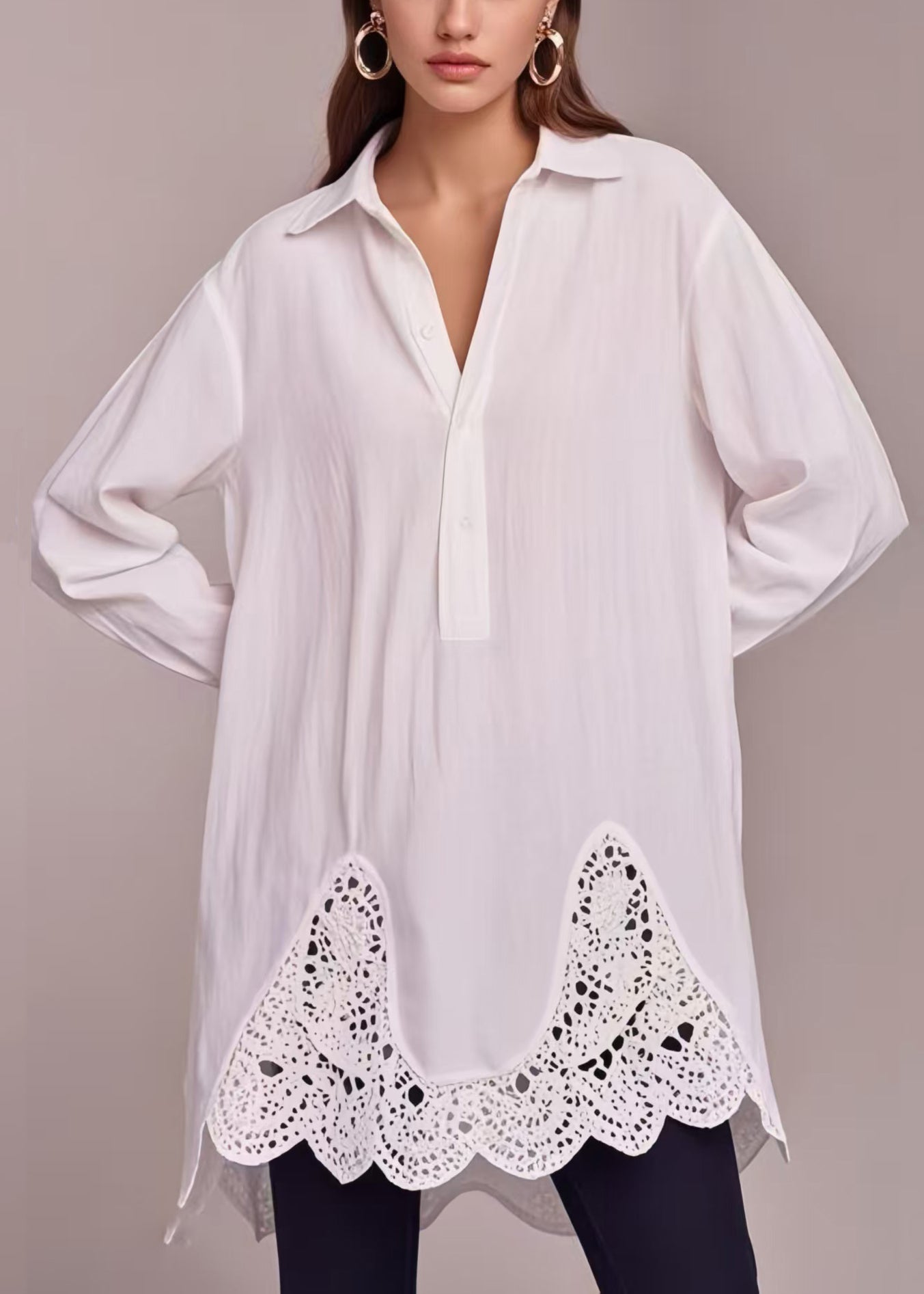 Stylish White Oversized Patchwork Cotton Long Shirts Spring