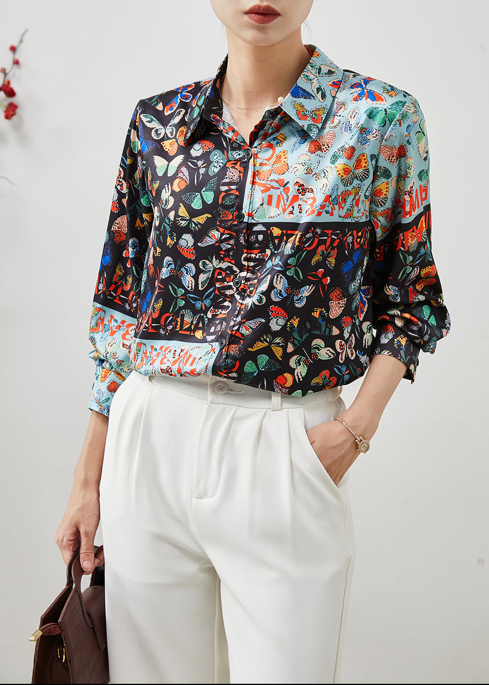 Black Peter Pan Collar Butterfly Silk Shirts Summer