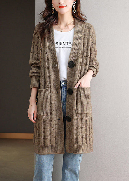 French Dark Khaki V Neck Button Wool Knit Cardigan Fall