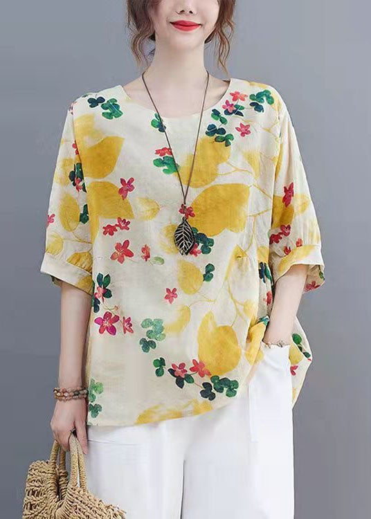 Yellow O Neck Print Patchwork Linen Tops Summer