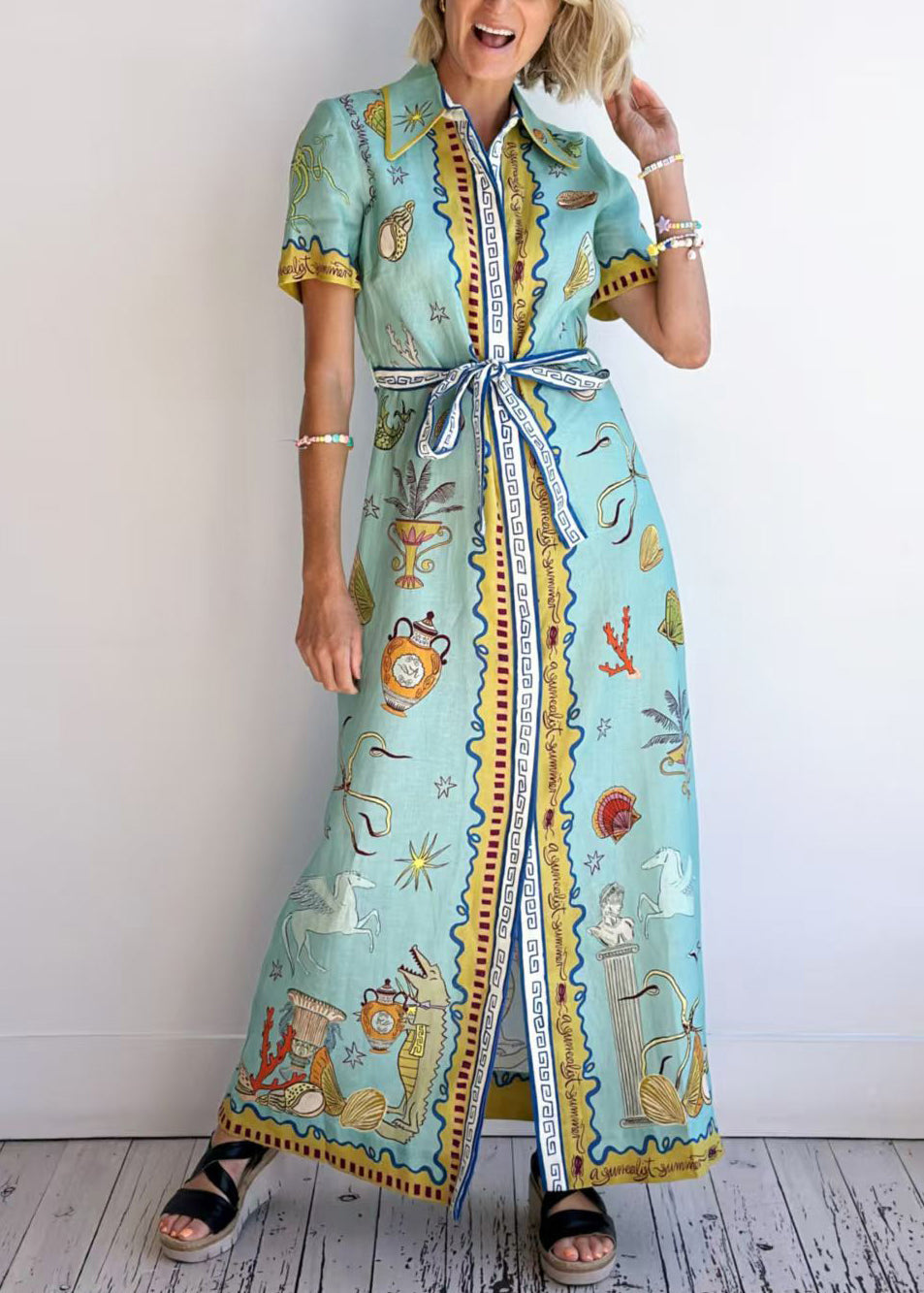 Style Blue Peter Pan Collar Print Lace Up Cotton Shirts Dress Summer