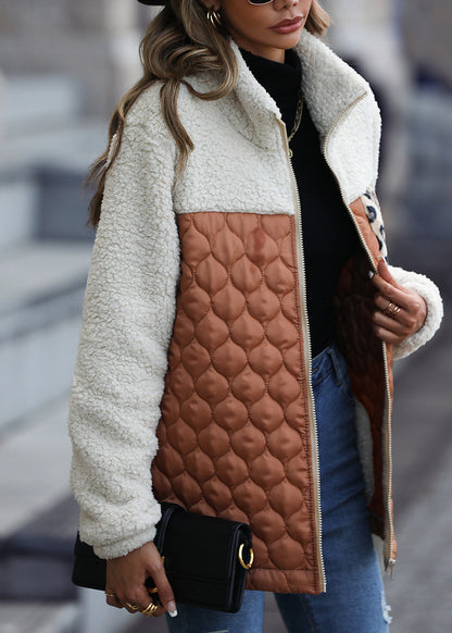 New Coffee Peter Pan Collar Patchwork Faux Fur Jackets Fall