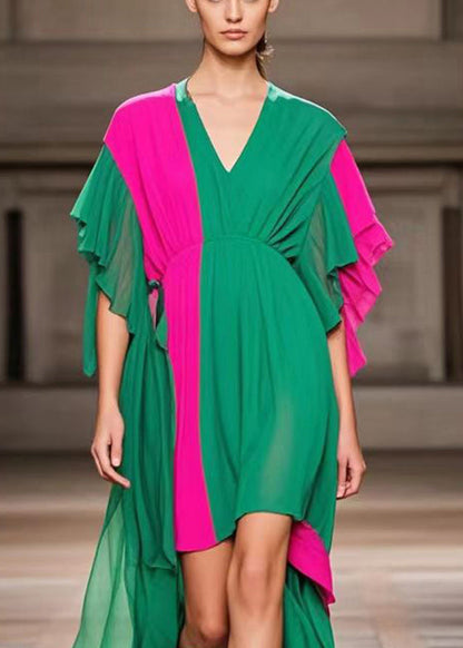 Green Asymmetrical Patchwork Chiffon Ankle Dress Summer